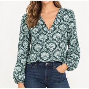 White House Black Market Blouse Women L Mint Green Damask Print Long Sleeve Top